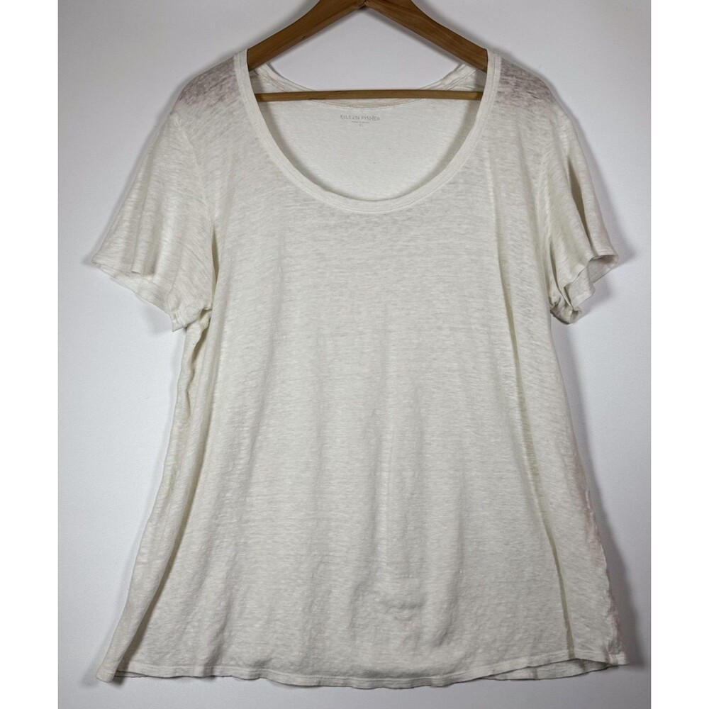 Eileen Fisher Shirt Womens XL White Linen Short Sleeve Lightweight Top‎ Blouse